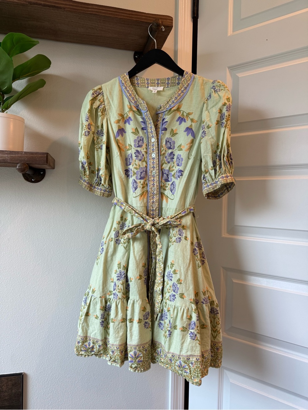 A loves A Light Green linen blend Floral Tie-Waist Mini Dress